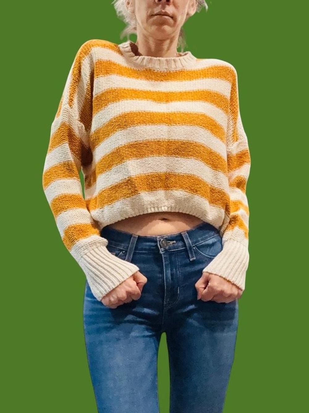 Billabong Striped Cropped Sweater Small Yellow Cream Chunky Knit Beachy - Picture 4 of 12